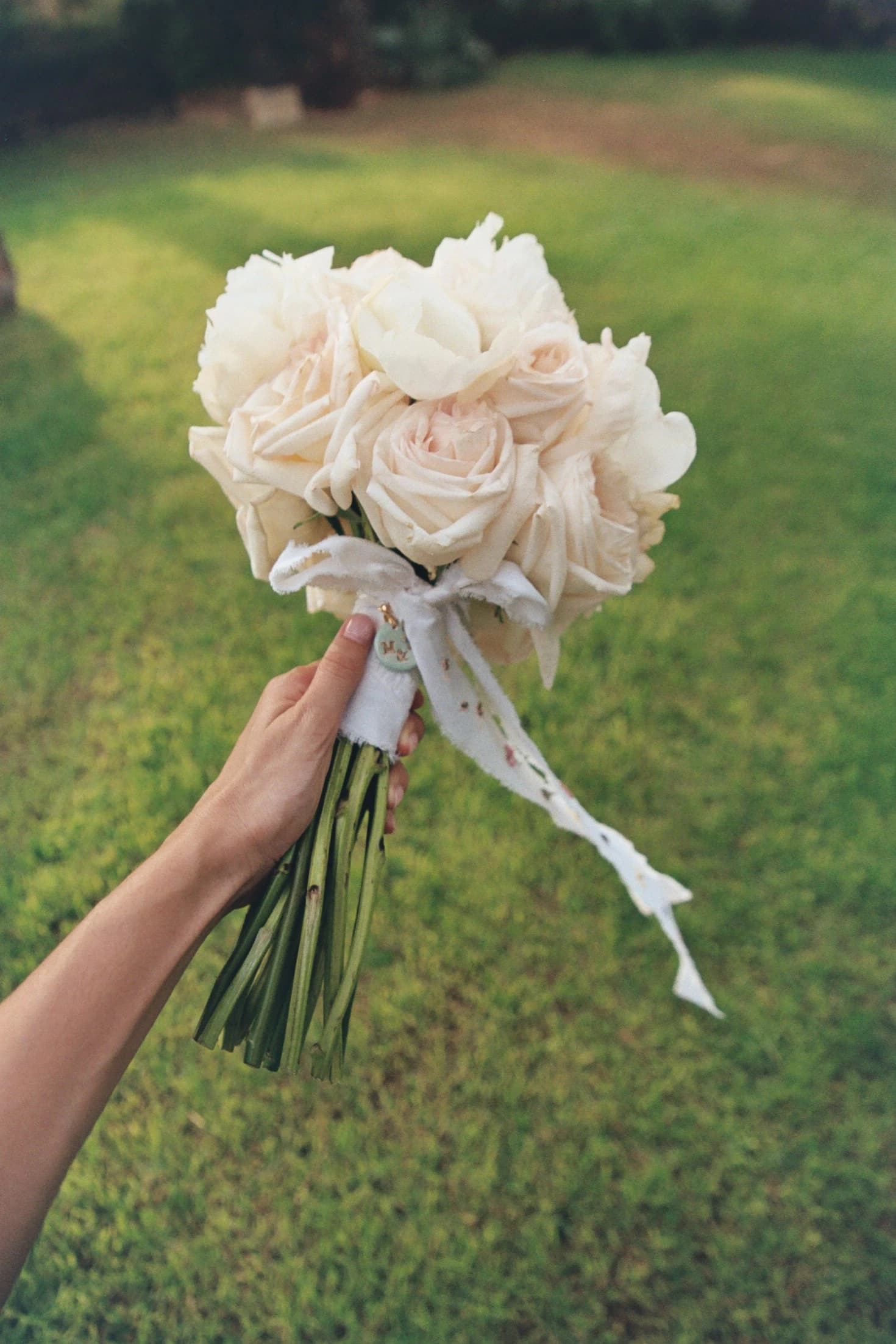Mano sosteniendo un ramo de rosas blancas